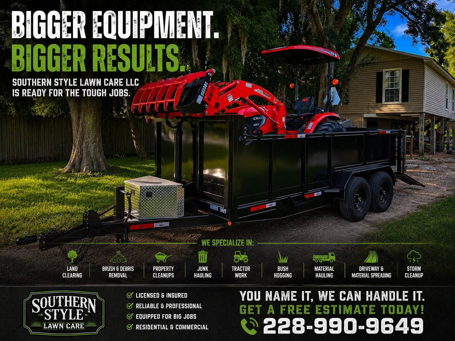 Southern Style Property Services heavy equipment — tractor and dump trailer